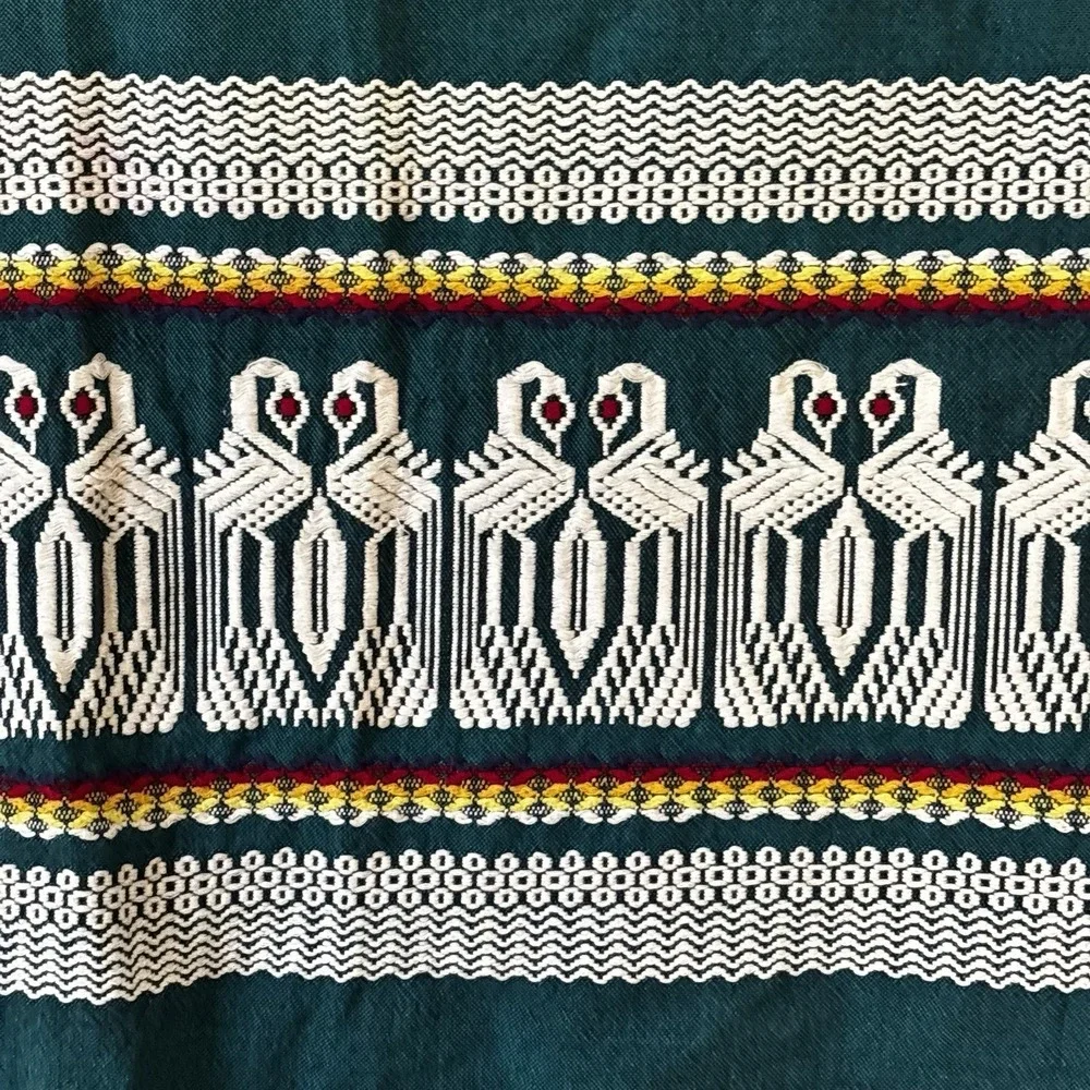 Antique Handwoven Textile Wall Hanging Fringes Swans Geometric Green